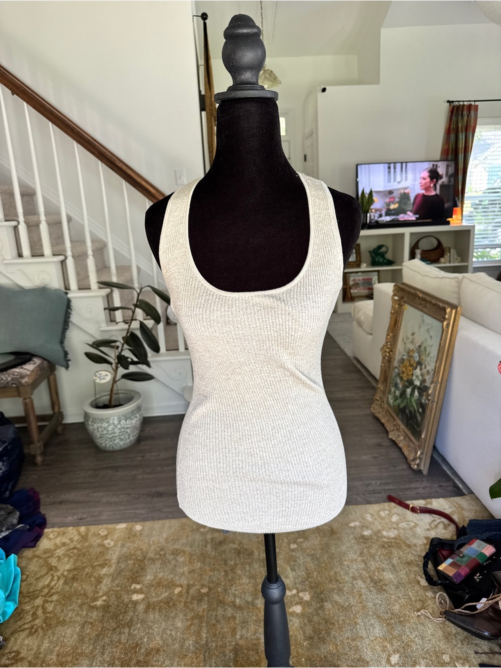 Charlotte Russe Cream Ribbed Scoop Neck Tank Top